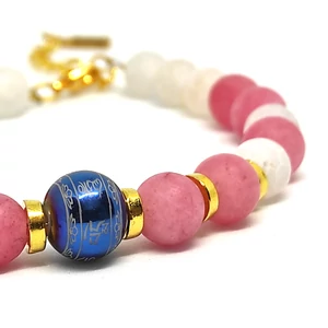 Kép 3/5 - Om-Mani-Padme-Pink-Jade-és-Fehér-tűz-achát-karkötő