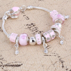 Pandora stílusú nemesacél pink charm karkötő muranoi üveggel