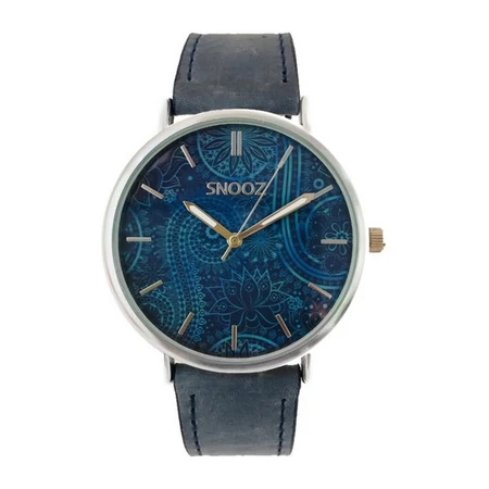 SNOOZ letisztult bőrszíjas üzleti stílusú uniszex óra, kék népi motívumos számlappal (41 MM)
