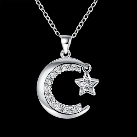 Ezüstözött nyaklánc cirkónium Hold és csillag medállal
