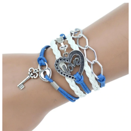 Többrétegű fonott szíjas karkötő szív, kulcs és LOVE felirat motívumokkal, kék-fehér