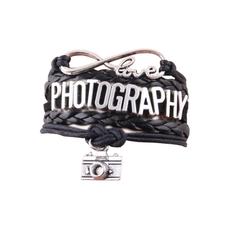Love PHOTOGRAPHY feliratú többrétegű műbőr karkötő, fekete-ezüst
