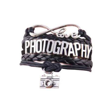 Love PHOTOGRAPHY feliratú többrétegű műbőr karkötő, fekete-ezüst