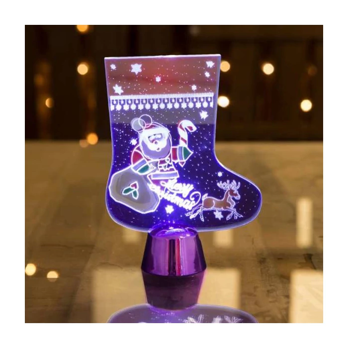 Karácsonyi asztali LED dekor - fényes talppal - csizma - lila - 15 cm
