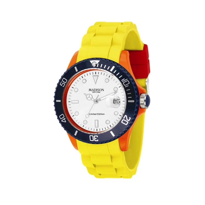 MADISON New York, sárga-fekete, cseppálló, dátumkijelzős uniszex óra (40 MM), 5 ATM