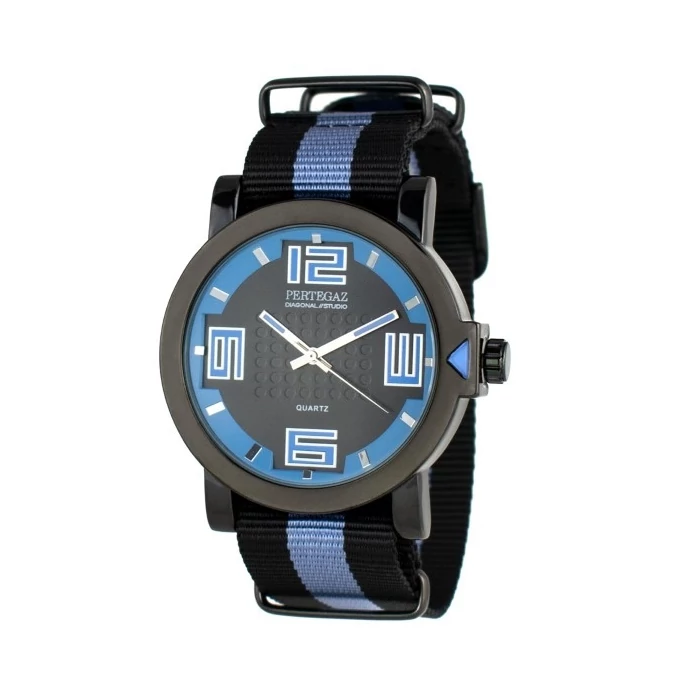 PERTEGAZ szövetszíjas cseppálló férfi karóra, fekete-kék (40 MM) - 3 ATM