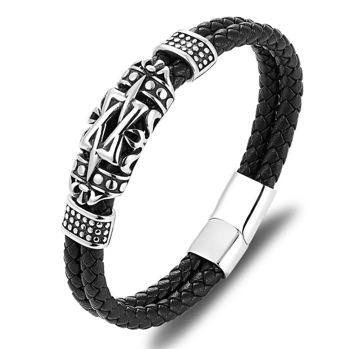 Nemesacél és bőr punk rock férfi karkötő