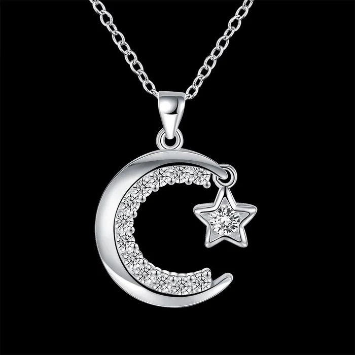 Ezüstözött nyaklánc cirkónium Hold és csillag medállal