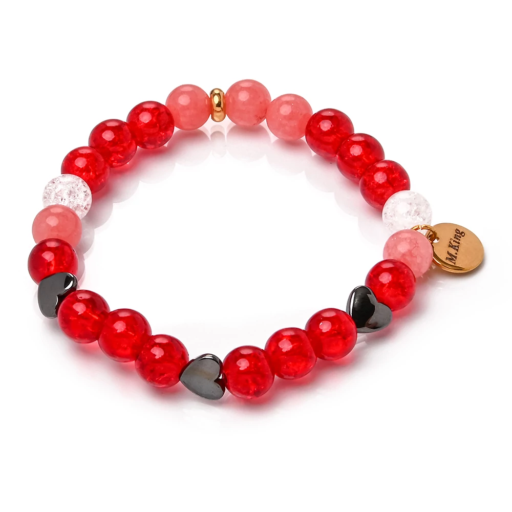 Ruby Red Love  – Kalcedon, hegyikristály és hematit ásvány karkötő Szív dísszel, dobozban