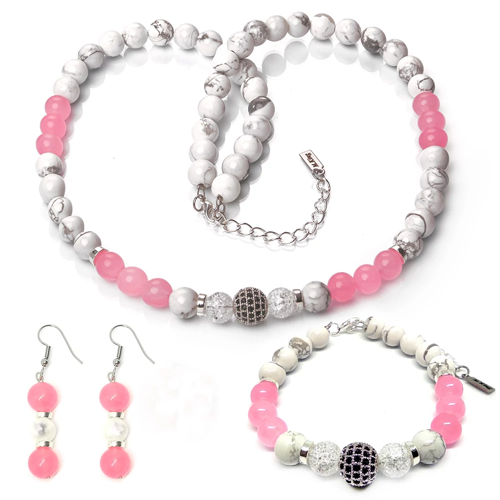 Marble Candy – Howlit, hegyikristály és jade exkluzív ásvány ékszerszett (nyaklánc + karkötő + fülbevaló) dobozban