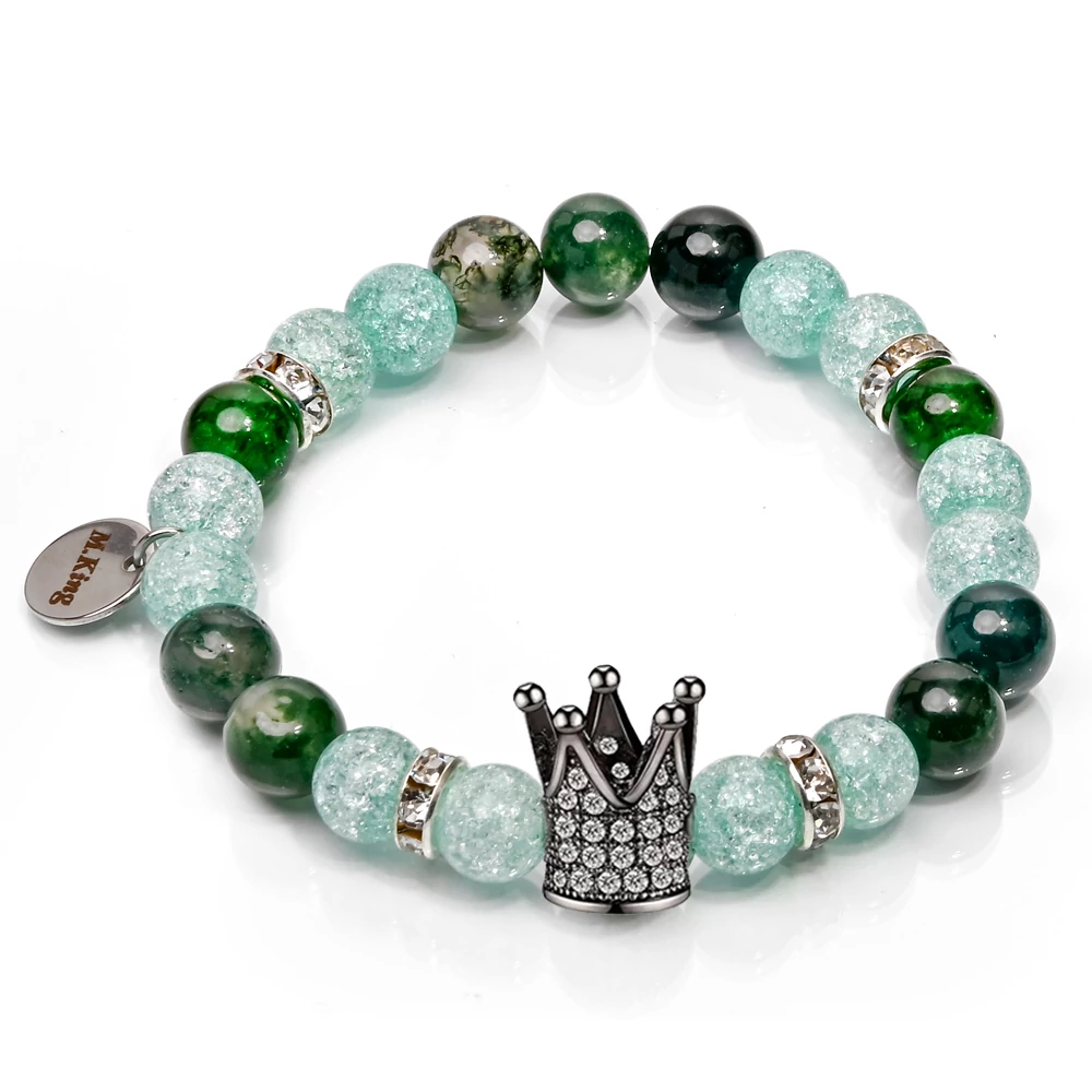 The Frog Prince Crown – Moha achát és hegyikristály ásvány karkötő Korona dísszel, dobozban