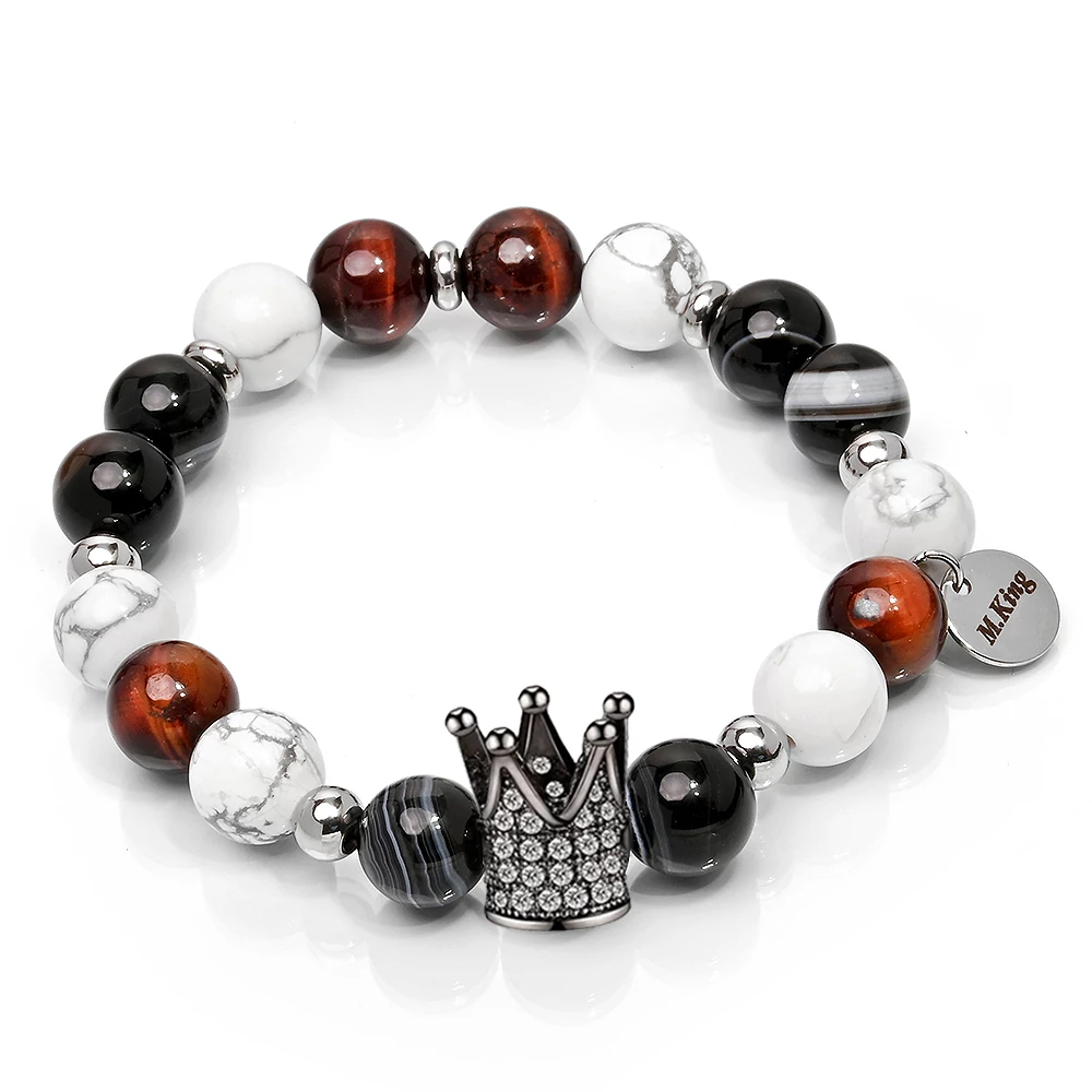Black Knight Crown – Tigrisszem, howlit és achát ásvány karkötő Korona dísszel, dobozban