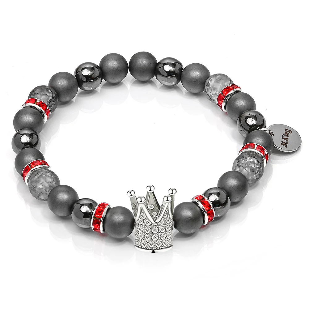 Crimson Moon Crown – Hematit és hegyikristály ásvány karkötő Korona dísszel, dobozban