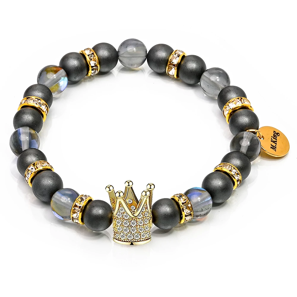 Crystal Moon Crown – Hematit és osztrák kristály ásvány karkötő Korona dísszel, dobozban