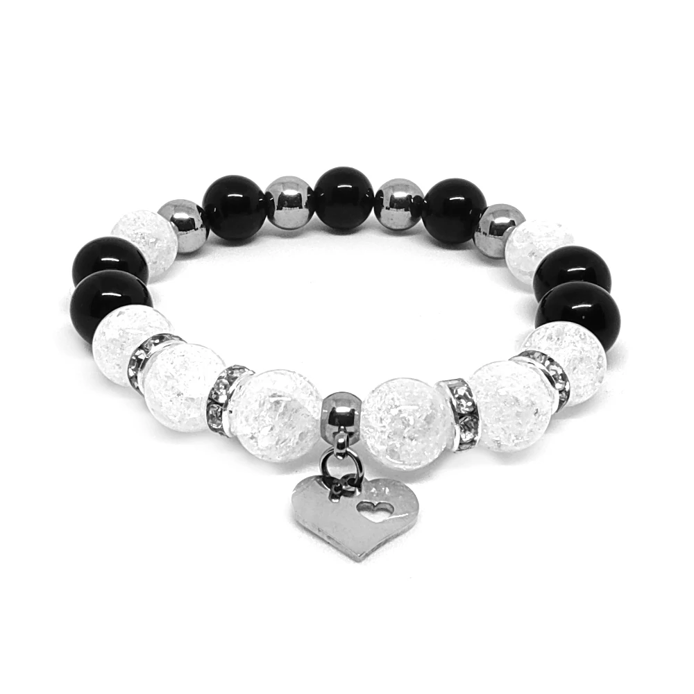 Crystal magic heart – Ónix, Hegyikristály és Hematit ásvány karkötő Szív charmmal vagy anélkül, dobozban