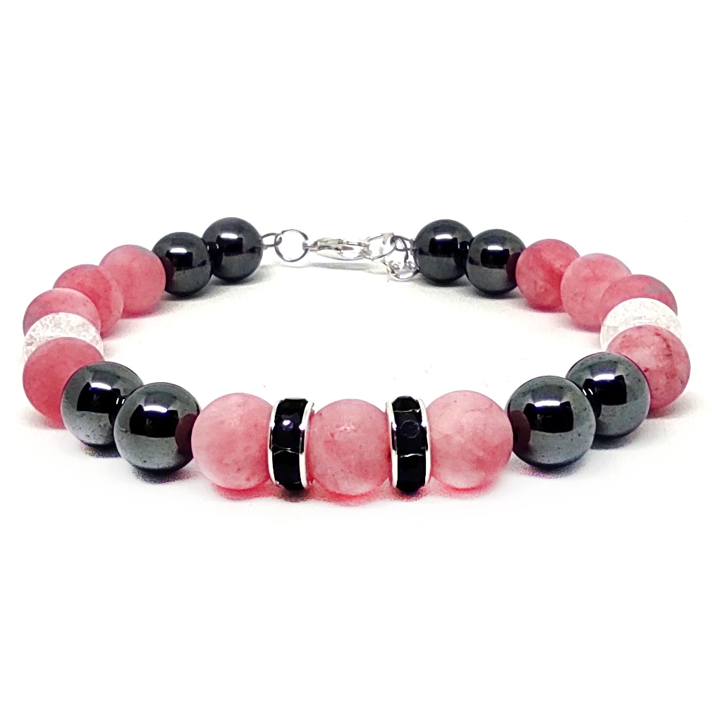 Matte Pink Dream – Hematit, Hegyikristály és Jade ásvány karkötő dobozban