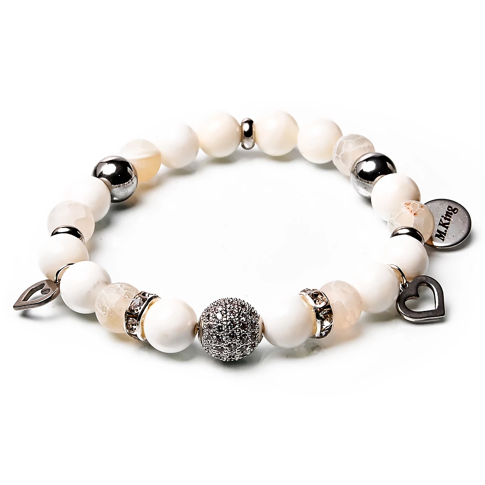 Silver Beads of Love – Achát, kagyló és hematit ásvány karkötő Szív charmmal vagy anélkül, dobozban