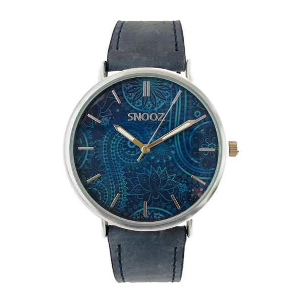SNOOZ letisztult bőrszíjas üzleti stílusú uniszex óra, kék népi motívumos számlappal (41 MM)