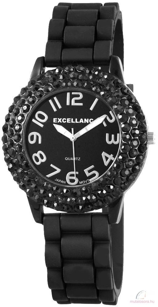 Excellanc szlikon szíjas női karóra fekete kristály díszítéssel, fekete (36 mm)