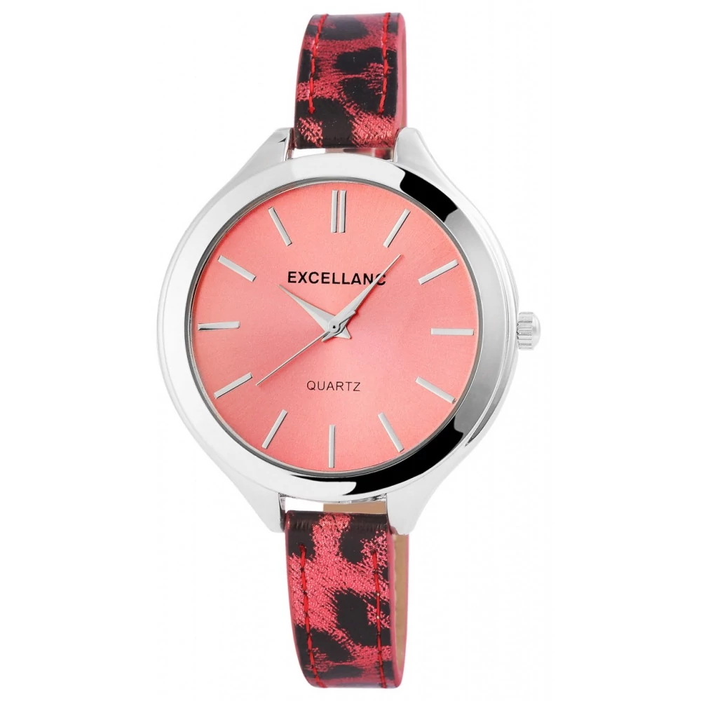 Excellanc vékony szíjas óra dizájn szíjjal, ezüst-leopárd-pink