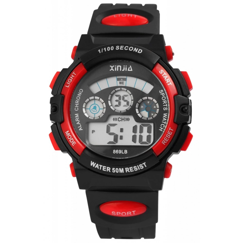 Hangsúlyos digitális, cseppálló uniszex sportóra szilikon szíjjal (42 mm), piros-fekete