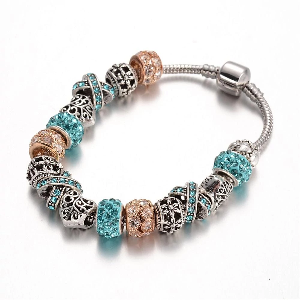 Pandora stílusú szív és virág kristály charmos női karkötő, 19 cm