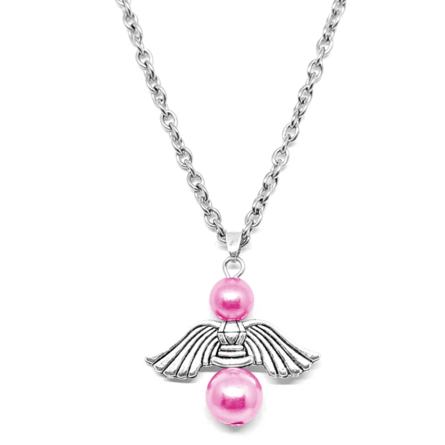 Őrangyal medál pink mesterséges gyöngyökkel gyerek nyaklánc medállal, ezüst színű