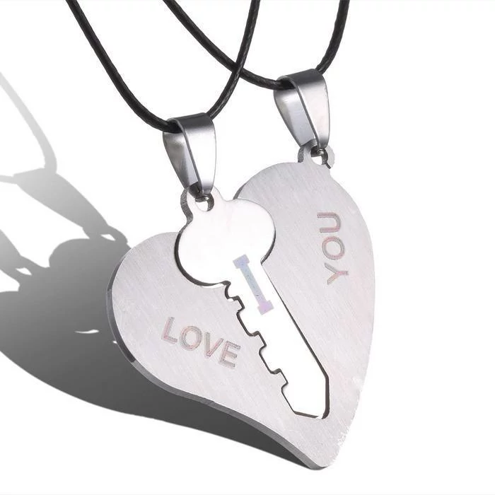 'I love you' nemesacél páros nyaklánc, szív és kulcs