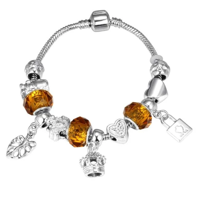 Pandora stílusú Lakat, Korona és Levél motívumos Charm karkötő, 20 cm