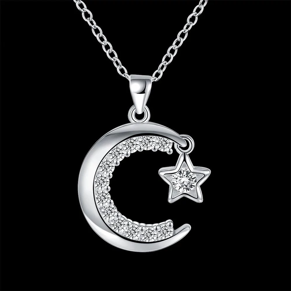 Ezüstözött nyaklánc cirkónium Hold és csillag medállal