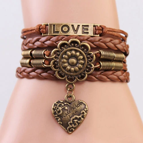 Barna fonott műbőr LOVE infinity többrétegű karkötő szív charmmal