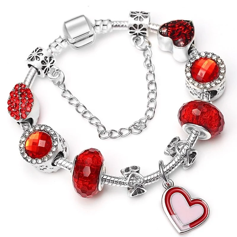 Szív motívumos piros-ezüst Pandora stílusú karkötő, 18 cm